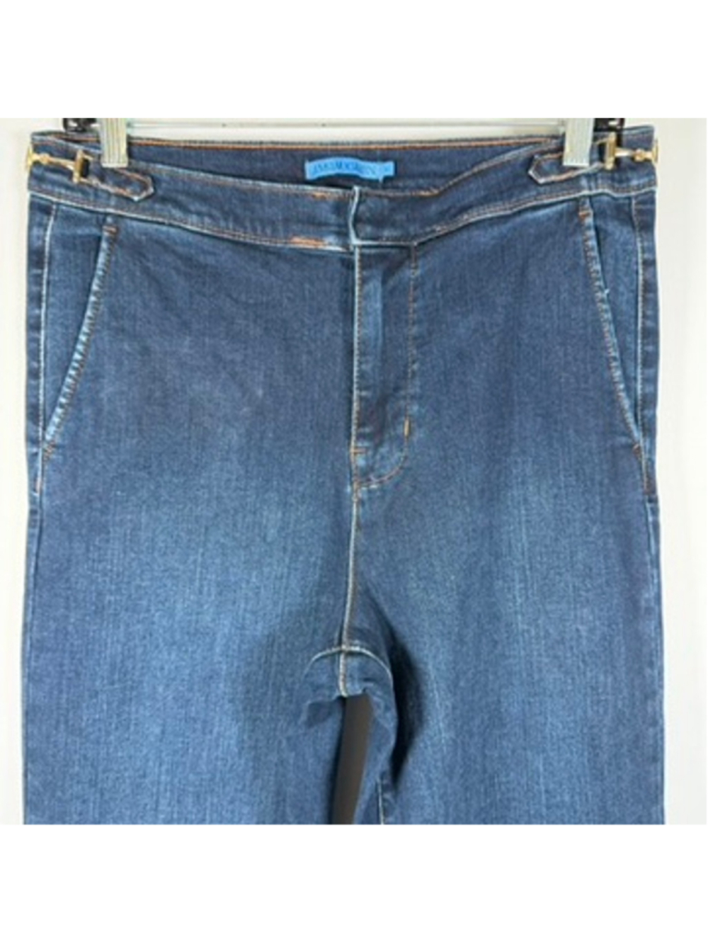 J. McLaughlin Wide Leg Jeans Dark Denim Stretch Buckle Bit Trouser Preppy Size 8 - Picture 7 of 12
